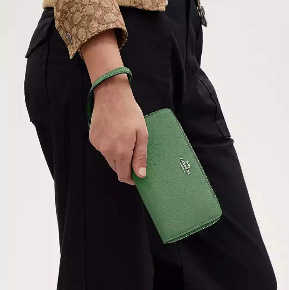 Coach Long Zip Around Wallet Silver/Soft Green Wristlet - Picture 4 of 6